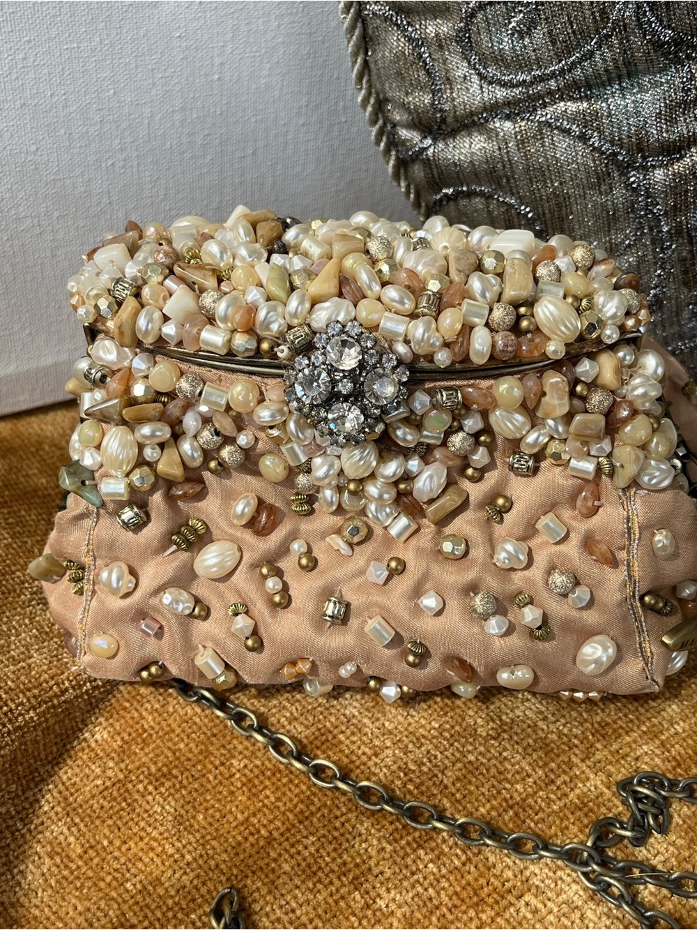 Mary Frances Vintage Champagne Pearl & Crystal Beaded Bag, EUC